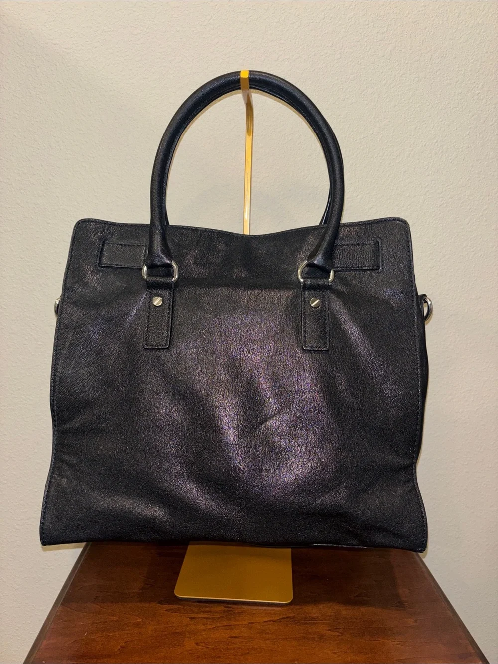 Michael Kors Black Leather Satchel with Silver Chain Accents